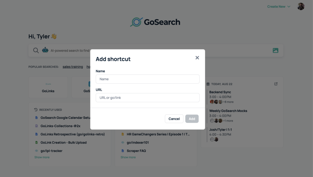 "Add shortcut" modal for GoSearch shortcuts